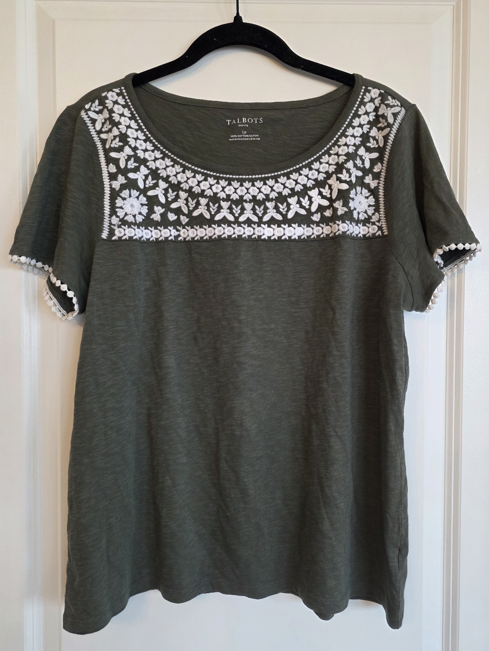 Talbots Olive Green Short-Sleeve Scoop Neck Top with White Embroidery